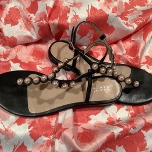 Barneys New York black leather and Pearl sandals.